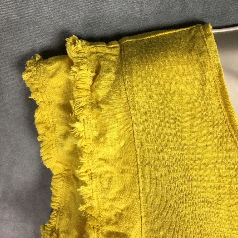 Chicos 100% Linen Yellow Top‎ XL Size 3 Fringe Trim  Boho Bright Summer Vacation